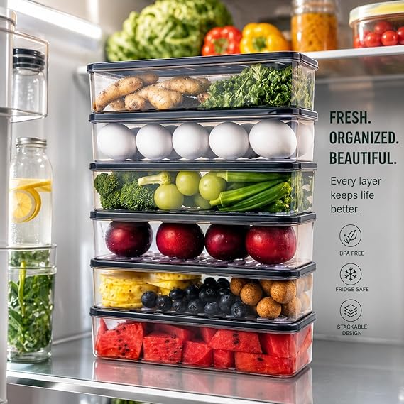 Stackable Fridge Storage Organiser Boxes with Lid, Transparent, BPA-Free, 1200 ML