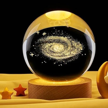 3D Galaxy Crystal Ball Night Lamp, Creative Engraved USB Table LED Wooden Crystal Ball for Home Decoration