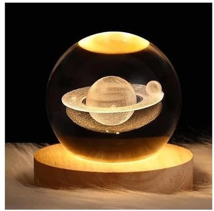 3D Galaxy Crystal Ball Night Lamp, Creative Engraved USB Table LED Wooden Crystal Ball for Home Decoration