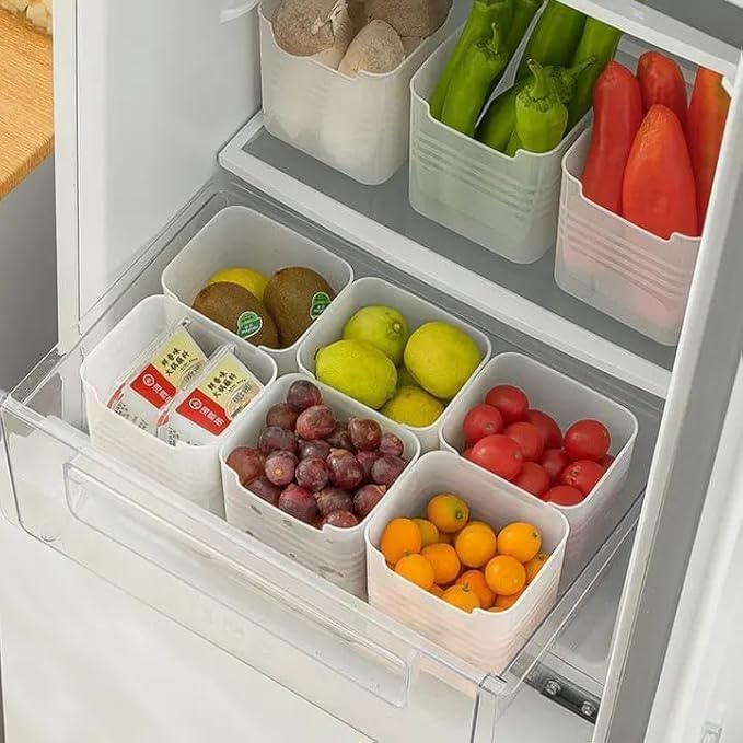 Fridge Storage Containers, Set of 6, 1100ml Each, Square Plastic Organizer Bins with Transparent Side Door, Semi-Airtight, for Fruits and Vegetables