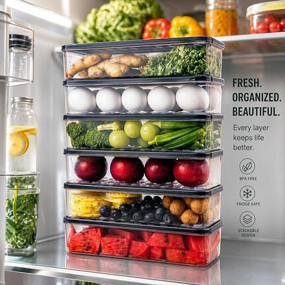 Stackable Fridge Storage Organiser Boxes with Lid, Transparent, BPA-Free, 1200 ML