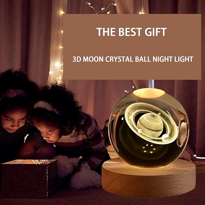 3D Galaxy Crystal Ball Night Lamp, Creative Engraved USB Table LED Wooden Crystal Ball for Home Decoration