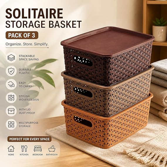 Solitaire Woven Plastic Storage Basket with Lid, Stackable Organizer Box, 24.5 X 19 X 10