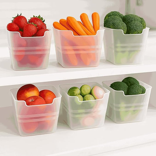 Fridge Storage Containers, Set of 6, 1100ml Each, Square Plastic Organizer Bins with Transparent Side Door, Semi-Airtight, for Fruits and Vegetables
