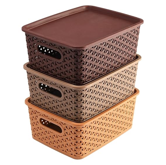 Solitaire Woven Plastic Storage Basket with Lid, Stackable Organizer Box, 24.5 X 19 X 10