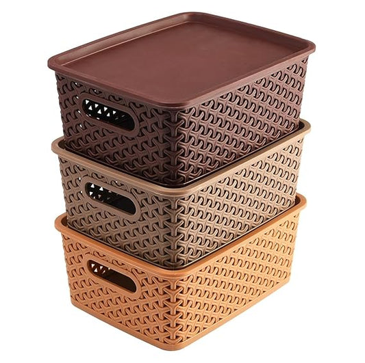 Solitaire Woven Plastic Storage Basket with Lid, Stackable Organizer Box, 24.5 X 19 X 10