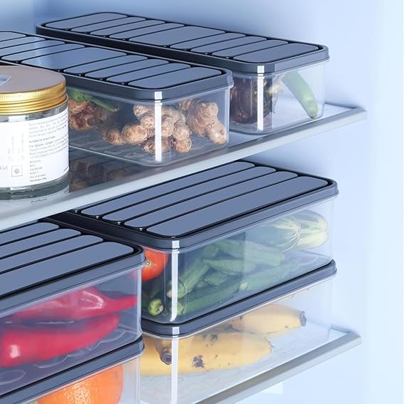 Stackable Fridge Storage Organiser Boxes with Lid, Transparent, BPA-Free, 1200 ML