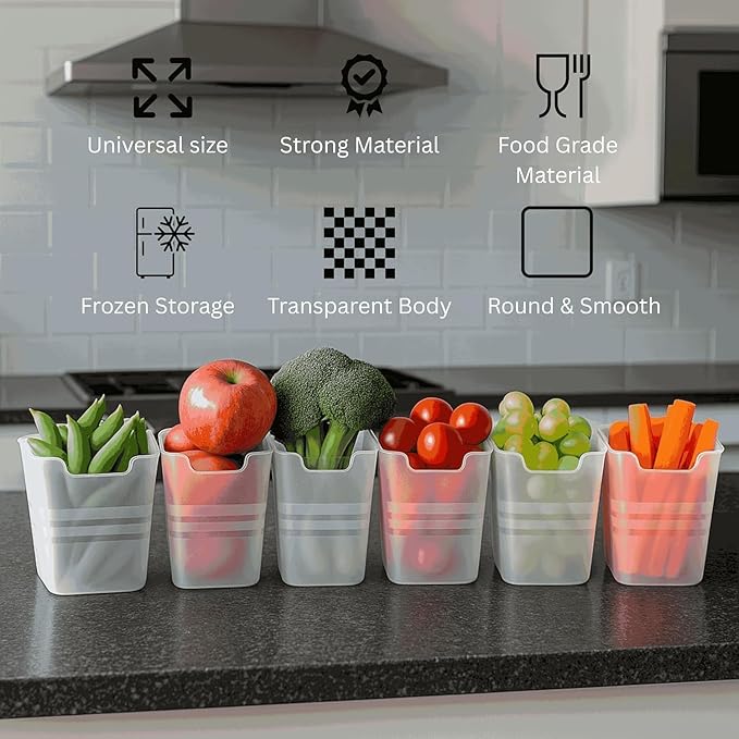 Fridge Storage Containers, Set of 6, 1100ml Each, Square Plastic Organizer Bins with Transparent Side Door, Semi-Airtight, for Fruits and Vegetables