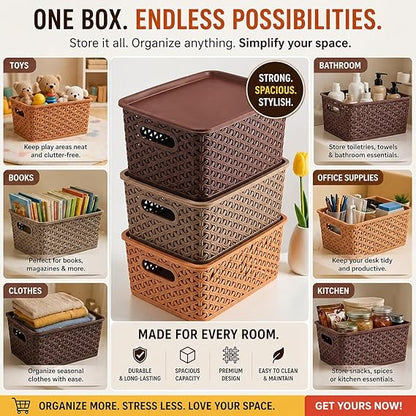 Solitaire Woven Plastic Storage Basket with Lid, Stackable Organizer Box, 24.5 X 19 X 10