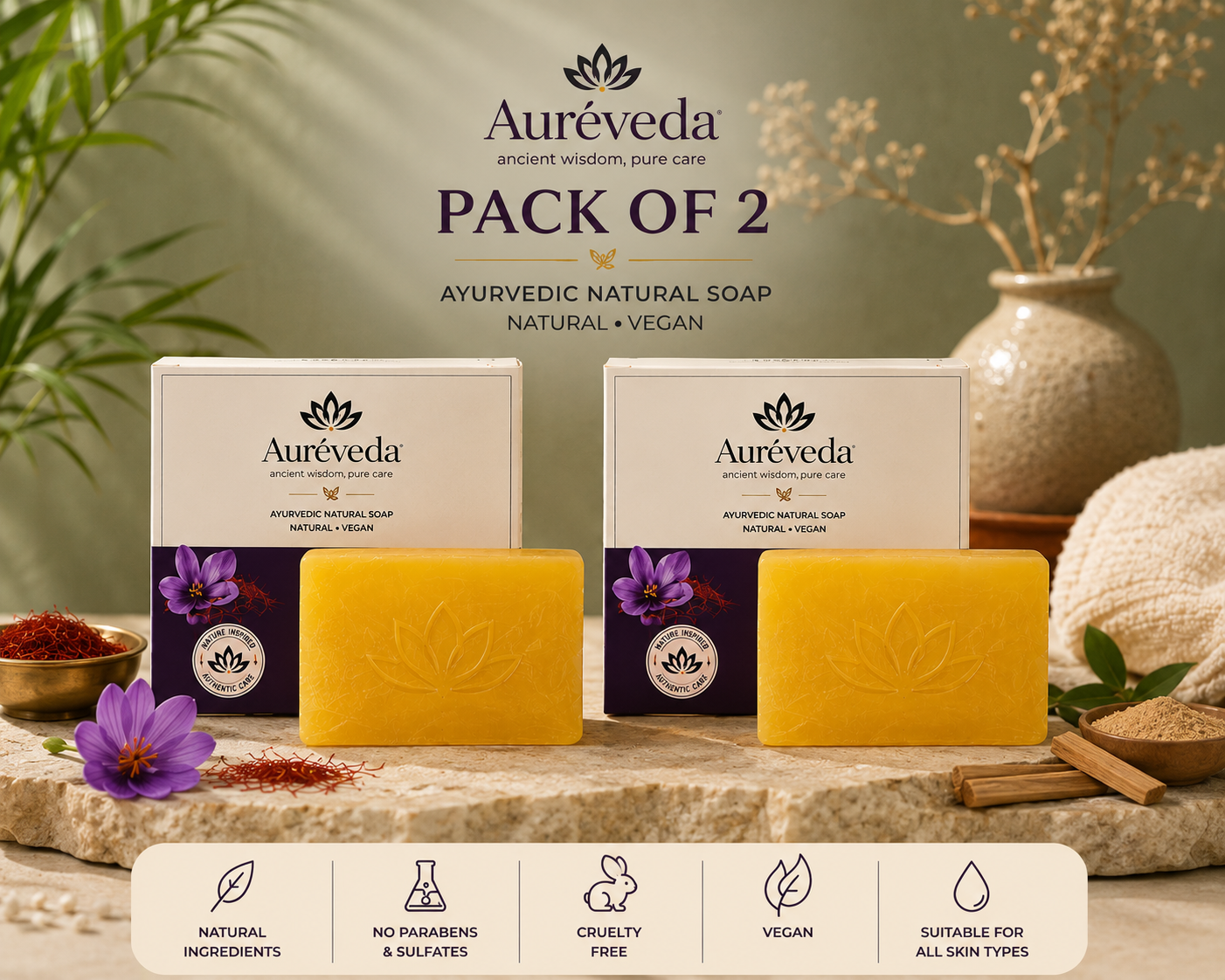 Aureveda Soaps Paraben Free (100 Gms Pack Of 2) | Chandan & Kesar Bath Soap | Skin Brightening Soap For Men & Women Aureveda Soaps Paraben Free | Chandan & Kesar Bath Soap | Skin Brightening Soap For Men & Women Aureveda Soaps Paraben Free