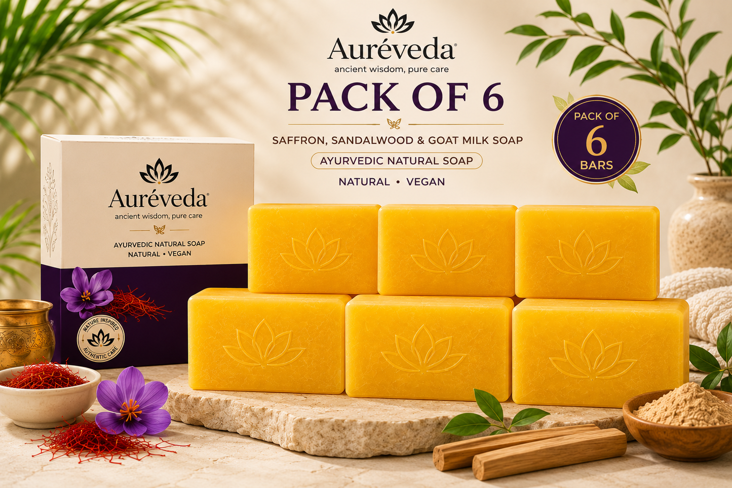 Aurevda Soaps Sandalwood & Saffron Magic Soaps For Reduce Tan (100 Gms Pack Of 6) | Paraben Free | Chandan & Kesar Bath Soap