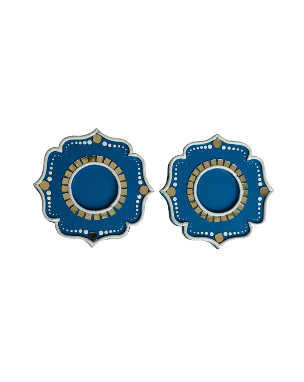 Blue and Gold Quatrefoil Ornaments Mandalas Tealight Candle Holder, 4 Inch x 4 Inch