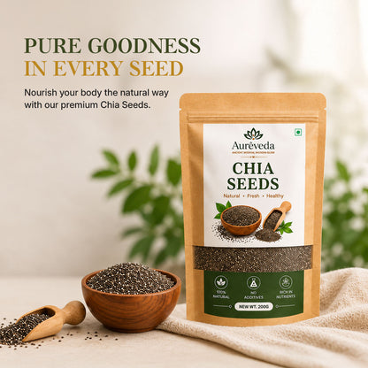 Aureveda Premium Raw Chia Seeds 200g (Pack of 1) | Seed for Eating | Healthy Snacks | Good for Weight Management | Nutrient-Rich Superfood, High in Omega-3 Fatty Acids, Fiber, Protein