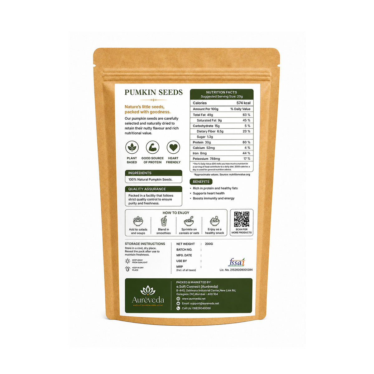 Aureveda Pumpkin Seeds 200g - 30g Protein per 100g | Rich in Zinc