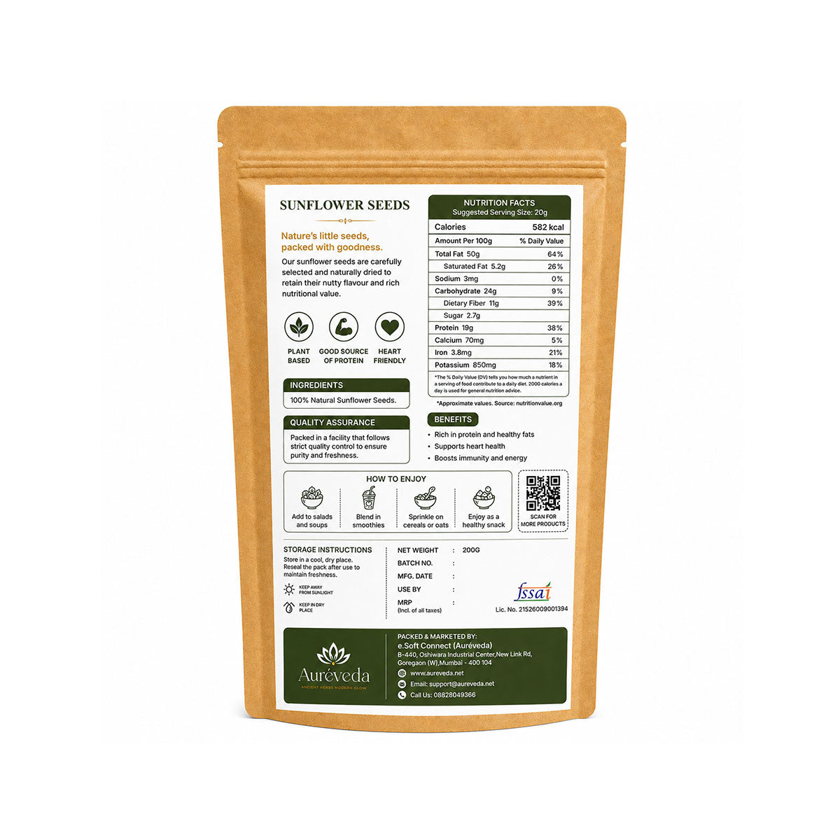 Aureveda Raw Sunflower Seeds 200g - Vitamin E Rich Super Seeds