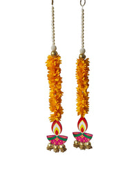 Traditional Diya Hanging with Marigold Paper Gajra and Gota Beaded Accents, 19 Inch x 3 Inch