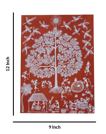 Village Daily Life Warli Art, 9 Inch x 12 Inch