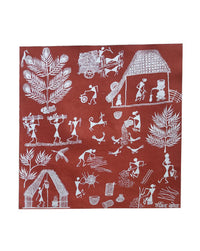 Village Daily Life Warli Painting, 12 Inch x 12 Inch