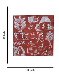 Village Daily Life Warli Painting, 12 Inch x 12 Inch