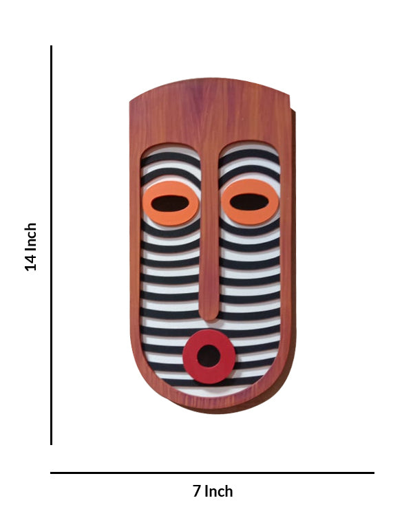 Wooden Mask with Striped Design Wall Hanging, 14 Inch x 7 Inch