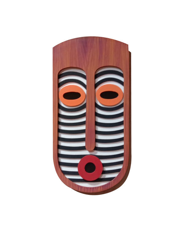 Wooden Mask with Striped Design Wall Hanging, 14 Inch x 7 Inch