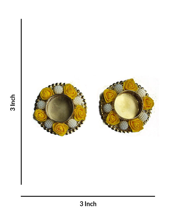 Yellow Rose and Bead Traditional Decorative Metallic Diya Holders, 3 Inch x 3 Inch