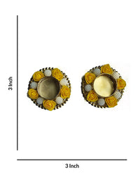 Yellow Rose and Bead Traditional Decorative Metallic Diya Holders, 3 Inch x 3 Inch