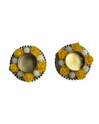 Yellow Rose and Bead Traditional Decorative Metallic Diya Holders, 3 Inch x 3 Inch