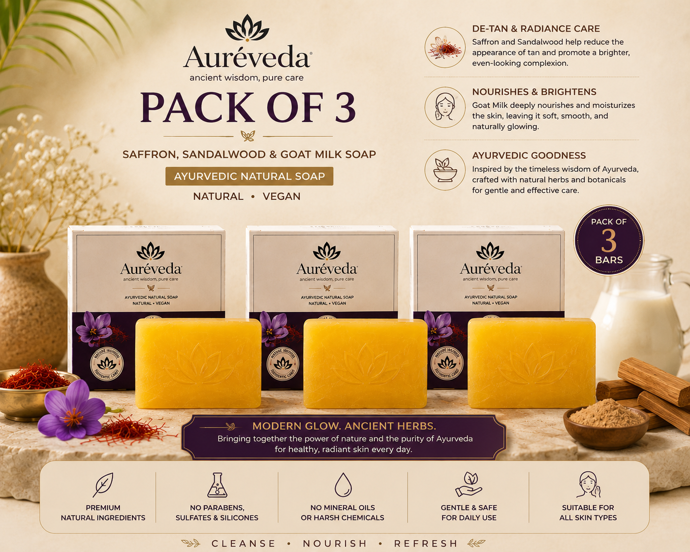 Soaps Sandalwood & Saffron Magic Soaps For Bath (300 Gms Pack Of 3) | Paraben Free | Chandan & Kesar Bath Soap